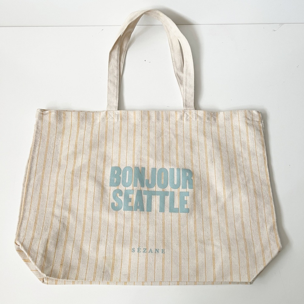 Sezane Tote Bag OS Yellow White Bonjour Seattle Stripe Canvas Market Travel Bag